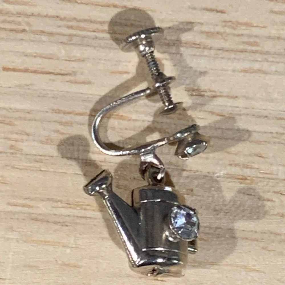 Vintage Watering Can Single Earring Women Silver Tone Rhinestone Gardening